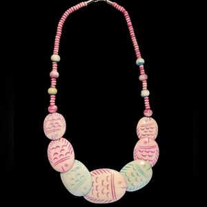 Vintage Carved Bone Fish Statement Necklace | Boho Tribal Pink, Green, & White